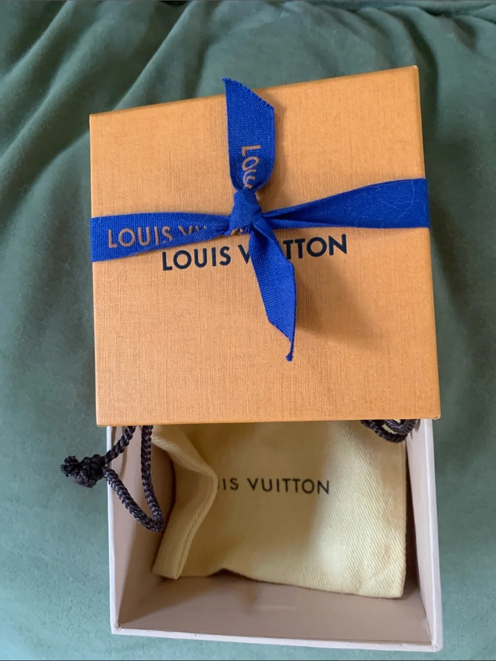 Louis Vuitton Orange Gift Box with Blue Ribbon and Beige Drawstring Pouch